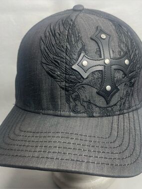 Explicit Brand Hat Cross Design Gray Black Stretch OSFM Akater Grunge Truck Cap